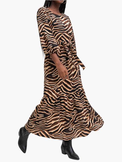 MyRunway | Shop Woolworths Brown Print Belted Tiered Puff Sleeve